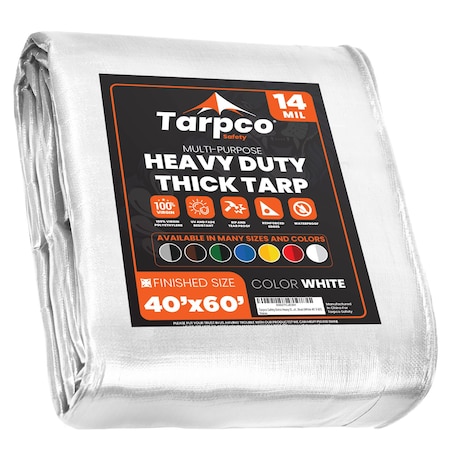 Tarpco Safety Heavy Duty Tarp, 60 ft L x 0.5 mm H x 40 ft W, 14 Mil, White, Polyethylene TS-104-40X60